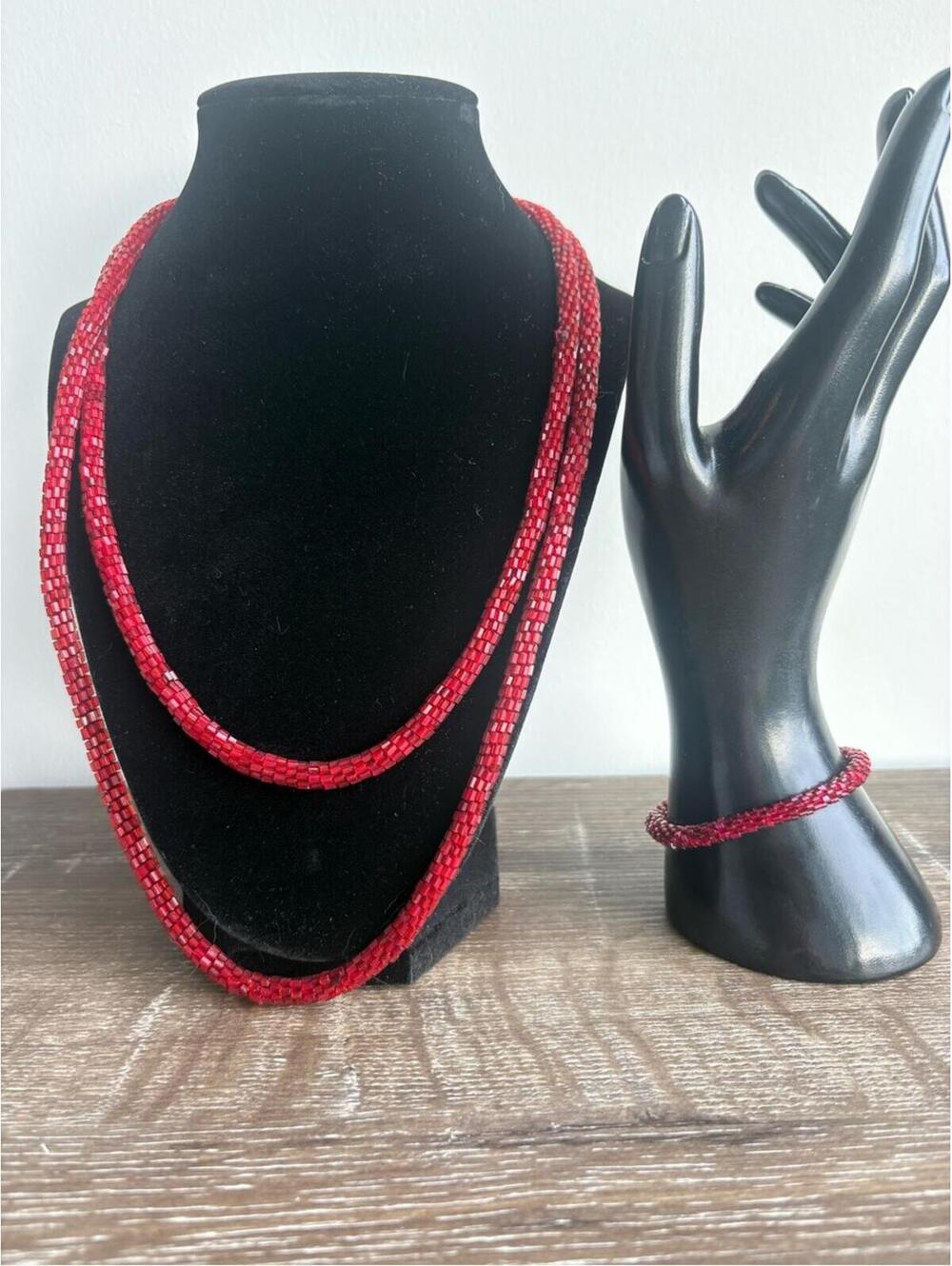 Red Beaded Necklace and Bracelet Set